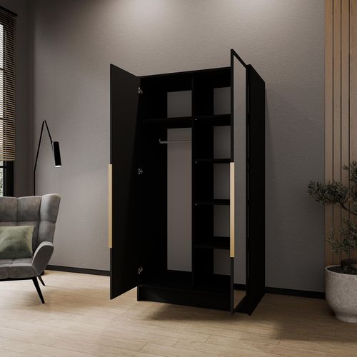 Armoire à Portes Battantes LARO 100 cm - Avec Miroir, Noir Avec Poignées Dorées