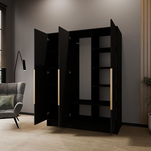 Armoire à Portes Battantes LARO 150 cm - Avec Miroir, Noir Avec Poignées Dorées