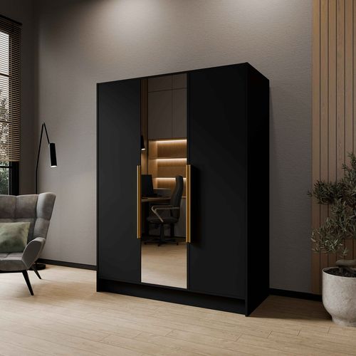 Armoire à Portes Battantes LARO 150 cm - Avec Miroir, Noir Avec Poignées Dorées