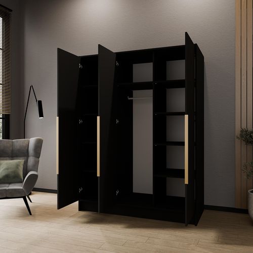 Armoire à Portes Battantes LARO 150 cm - Avec Miroir, Noir Avec Poignées Dorées