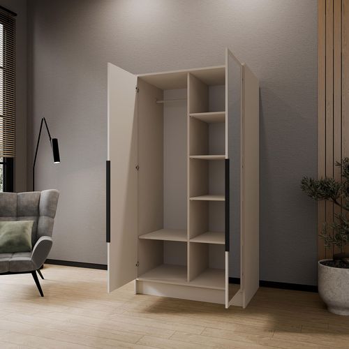 Armoire à Portes Battantes LARO 100 cm - Avec Miroir, Cachemire Avec Poignées Noires