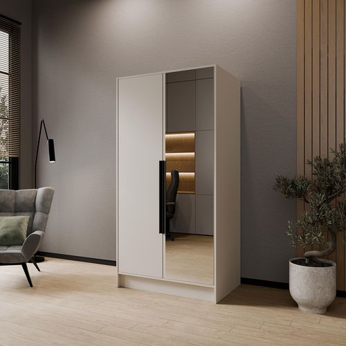 Armoire à Portes Battantes LARO 100 cm - Avec Miroir, Cachemire Avec Poignées Noires