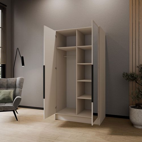 Armoire à Portes Battantes LARO 100 cm - Avec Miroir, Cachemire Avec Poignées Noires