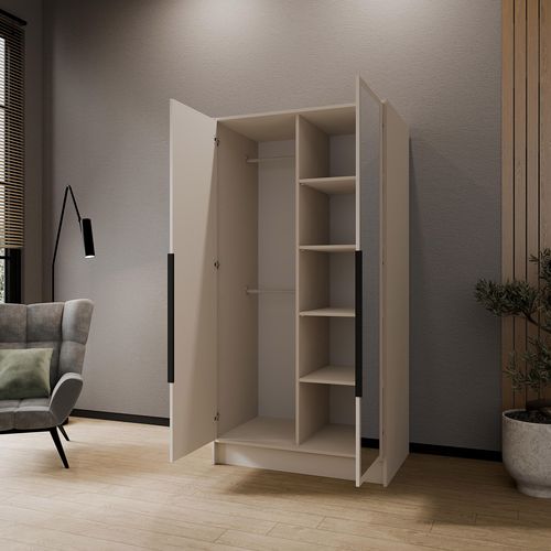 Armoire à Portes Battantes LARO 100 cm - Avec Miroir, Cachemire Avec Poignées Noires