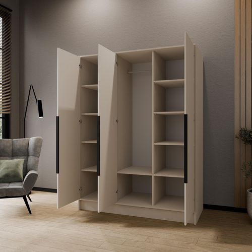 Armoire à Portes Battantes LARO 150 cm - Avec Miroir, Cachemire Avec Poignées Noires