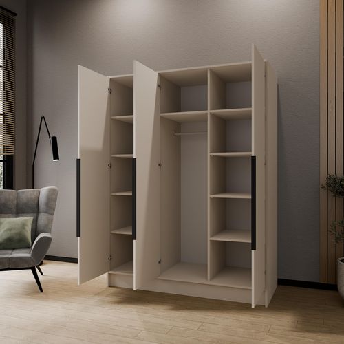 Armoire à Portes Battantes LARO 150 cm - Avec Miroir, Cachemire Avec Poignées Noires