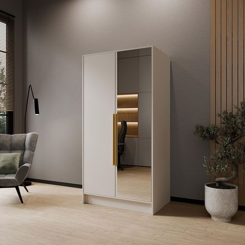 Armoire à Portes Battantes LARO 100 cm - Avec Miroir, Cachemire Avec Poignées Dorées