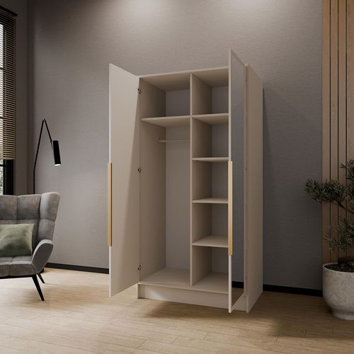 Armoire à Portes Battantes LARO 100 cm - Avec Miroir, Cachemire Avec Poignées Dorées