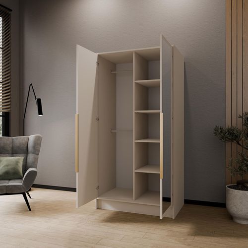 Armoire à Portes Battantes LARO 100 cm - Avec Miroir, Cachemire Avec Poignées Dorées