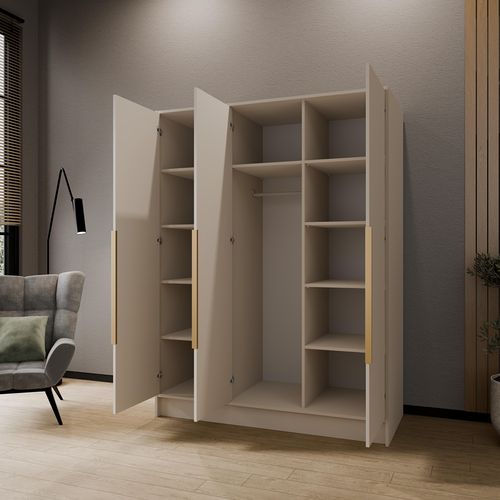 Armoire à Portes Battantes LARO 150 cm - Avec Miroir, Cachemire Avec Poignées Dorées
