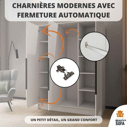 Armoire à Portes Battantes LARO 150 cm - Avec Miroir, Cachemire Avec Poignées Dorées