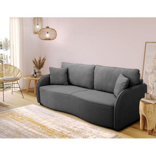 Canapé Convertible Bari 3 Places - Tissu Anthracite - Coffre De Rangement - L215 X H89 X P100 Cm