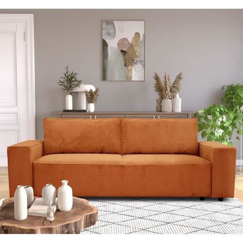 Canapé Convertible 3 Places Josh - Tissu Velours Cotelé Terracotta - L 239 X P 86 X H 85 Cm - Coffre