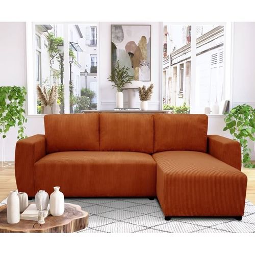 Canapé D'angle Convertible 3 à 4 Places Pharell Tissu Velours Cotelé - Réversible - L224xp155xh85 Cm