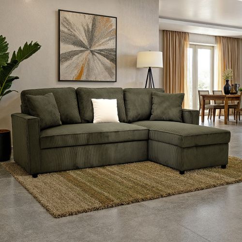 Canapé d'angle convertible méridienne réversible OZ velours côtelé kaki