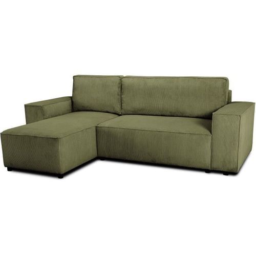 Canapé D'angle Convertible Réversible - 4 Places - Josh - Tissu Velours Cotelé - Kaki - Coffre