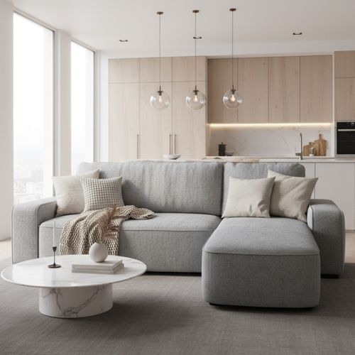 Canapé d'angle convertible méridienne réversible CHANI tissu gris