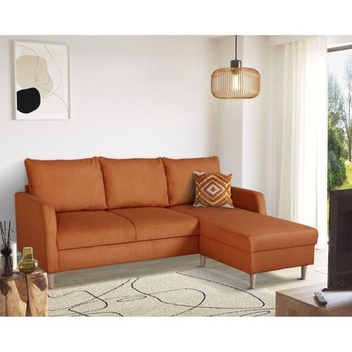 Canapé D'angle Fixe - 3 Places - Chipy - Tissu Lincoln Terracotta - Pieds Bois Nature - 192x82x138cm