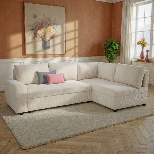 Canapé d'angle convertible méridienne réversible ALF velours côtelé beige