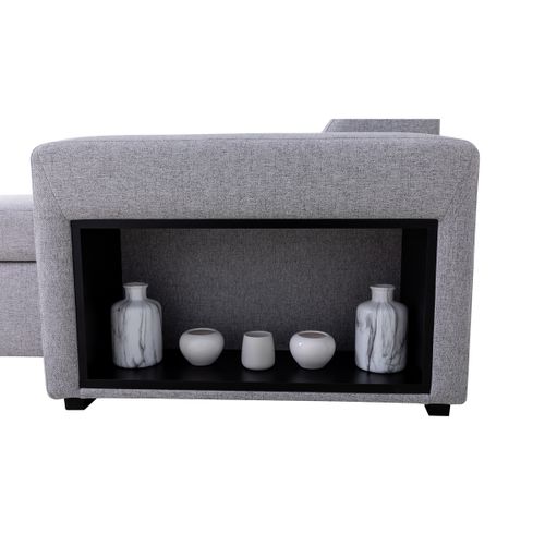 Canapé d'angle panoramique convertible réversible et 2 coffres MAYA tissu gris