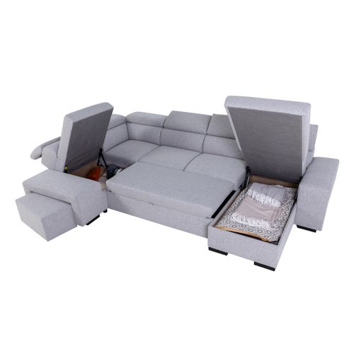 Canapé d'angle panoramique convertible réversible et 2 coffres MAYA tissu gris