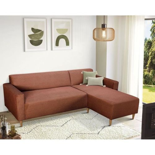 Canapé D'angle Fixe Réversible - 4 Places - Bob - Velours Cotelé Terracotta - 197 X 138 X 65 Cm