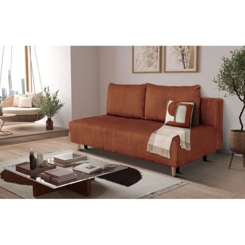 Canapé Droit Convertible 3 Places Gino - Tissu Lincoln Terracotta - Avec Coffre - L195 x H89 x P91cm