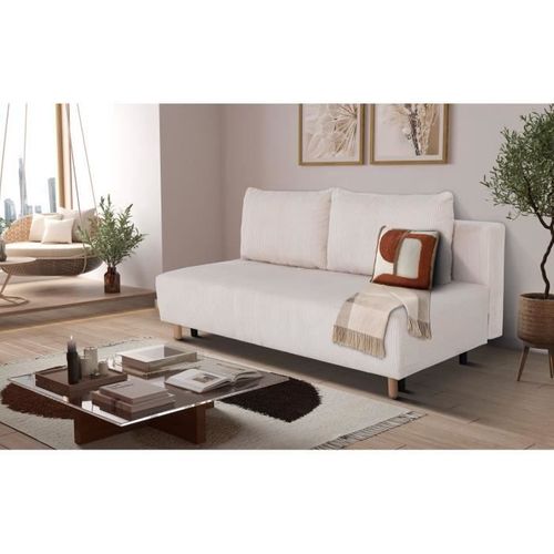 Canapé Droit Convertible 3 Places Gino - Tissu Lincoln Pearl - Avec Coffre - L 195 X H 89 X P 91 Cm