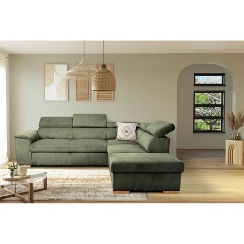 Canapé D'angle Convertible Réversible - 5 Places - Daytona - Tissu Lincoln Kaki - Coffre