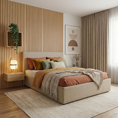 Lit coffre 140x190 cm JAPP tissu bouclette ocre