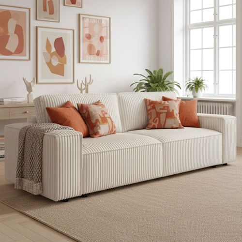 Canapé Convertible 3 Places - Josh - Tissu Velours Grosses Côtes Pearl - Coffre - 239 X 86 X 85 Cm