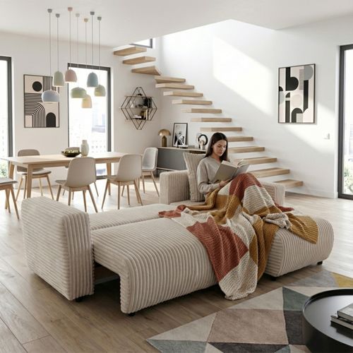 Canapé d'angle convertible méridienne réversible WILL velours côtelé beige