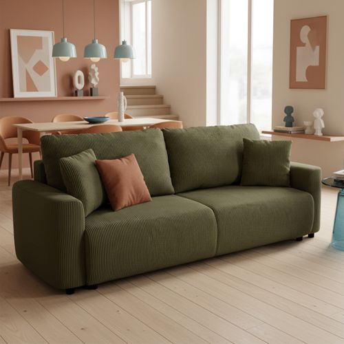Canapé 3 places convertible MAEVA velours côtelé kaki