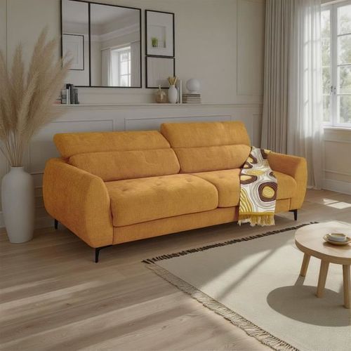 Canapé Convertible Express - 2 / 3 Places - Safia - Tissu Gauffré - Ocre - Matelas 15 Cm - 206 X 10