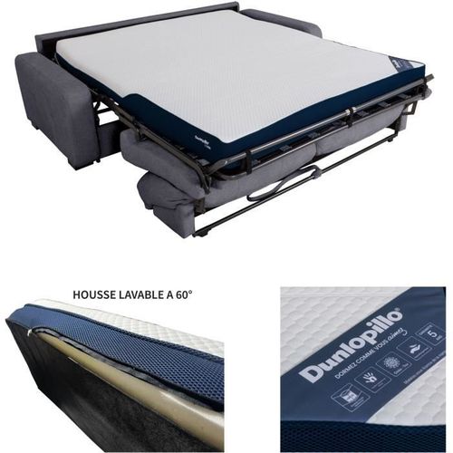 Canapé Convertible Express - 3 Places - Soa - Tissu Gauffré - Gris Souris - Matelas 15 Cm - 215 X 1