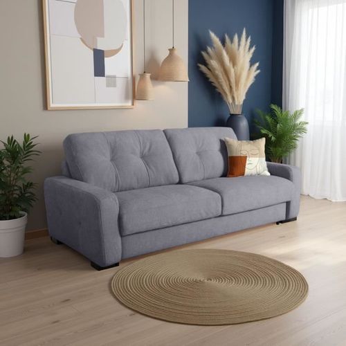 Canapé Convertible Express - 3 Places - Soa - Tissu Gauffré - Gris Souris - Matelas 15 Cm - 215 X 1