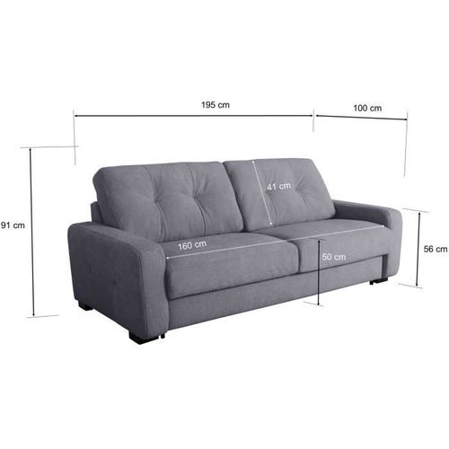 Canapé Convertible Express - 3 Places - Soa - Tissu Gauffré - Gris Souris - Matelas 15 Cm - 215 X 1