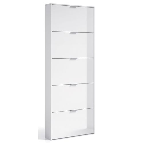 Commode à Chaussures En Bois De 5 Abattants Coloris Blanc Brillant - 180 X 70 X 17 Cm