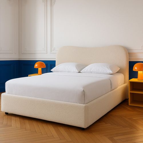 Lit Coffre Adulte 140x190 Cm Avec Tête De Lit Matelassée En Tissu Bouclé Beige - Suzon