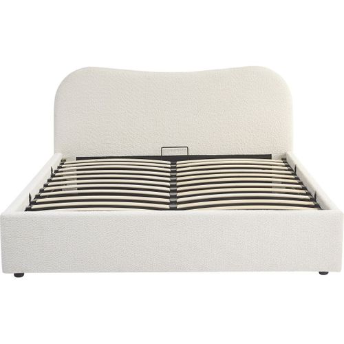 Lit Coffre Adulte 140x190 Cm Avec Tête De Lit Matelassée En Tissu Bouclé Beige - Suzon