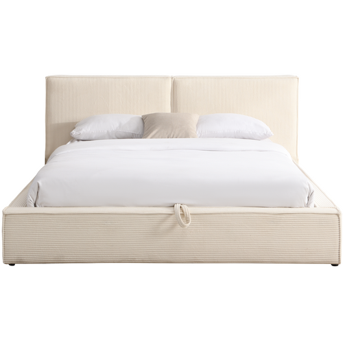 Lit Coffre Adulte 140x190 Cm Avec Sommier Et Tête De Lit Matelassée En Velours Côtelé Beige - Arno