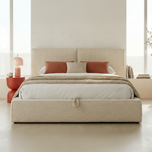 Lit Coffre Adulte 140x190 Cm Avec Sommier Et Tête De Lit Matelassée En Velours Côtelé Beige - Arno