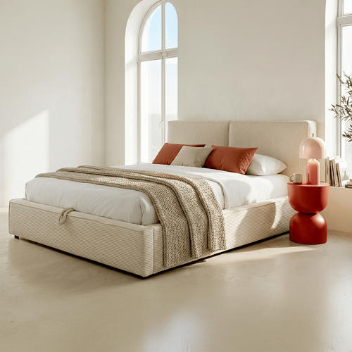 Lit Coffre Adulte 140x190 Cm Avec Sommier Et Tête De Lit Matelassée En Velours Côtelé Beige - Arno