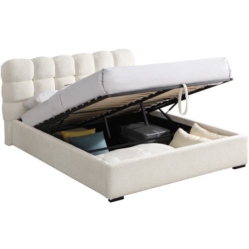 Lit Coffre Adulte 140x190 Cm Avec Sommier Et Tête De Lit Capitonnée En Tissu Bouclé Beige - Lola