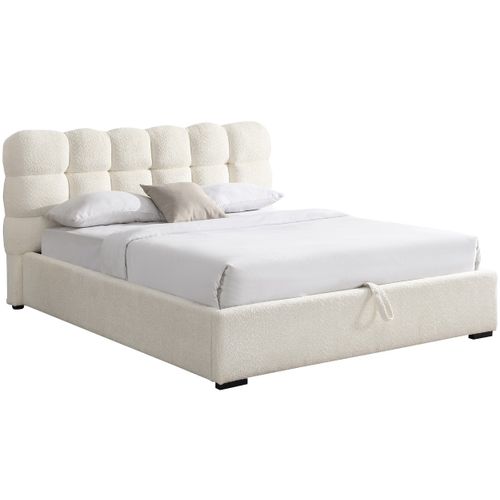 Lit Coffre Adulte 140x190 Cm Avec Sommier Et Tête De Lit Capitonnée En Tissu Bouclé Beige - Lola