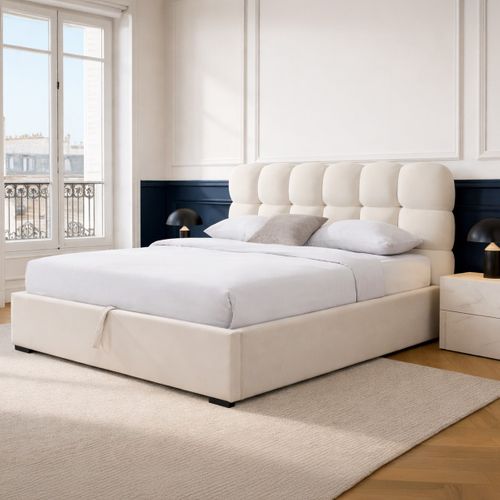 Lit Coffre Adulte 140x190 Cm Avec Sommier Et Tête De Lit Capitonnée En Velours Beige - Lola