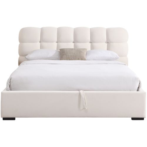 Lit Coffre Adulte 140x190 Cm Avec Sommier Et Tête De Lit Capitonnée En Velours Beige - Lola