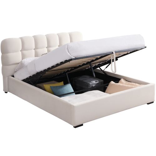 Lit Coffre Adulte 140x190 Cm Avec Sommier Et Tête De Lit Capitonnée En Velours Beige - Lola