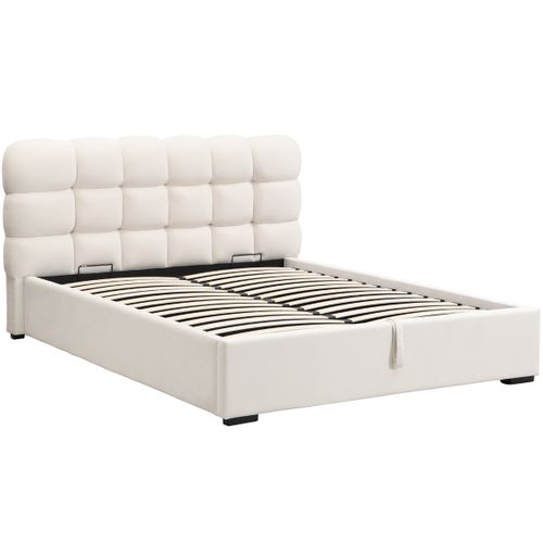 Lit Coffre Adulte 140x190 Cm Avec Sommier Et Tête De Lit Capitonnée En Velours Beige - Lola