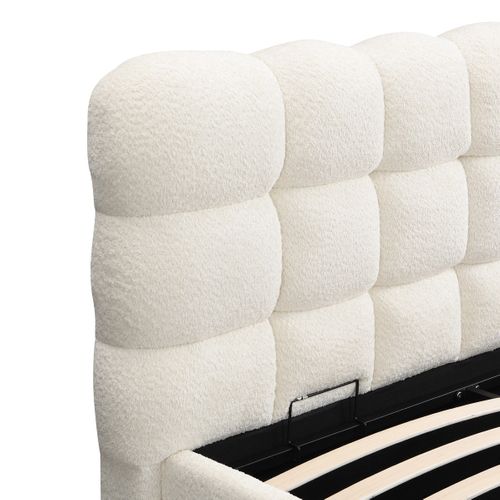 Lit Coffre Adulte 180x200 Cm Avec Sommier Et Tête De Lit Capitonnée En Tissu Bouclé Beige - Lola